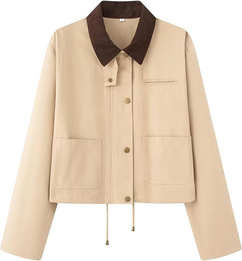 Women's Oversized Cropped Jacket Contrast Corduroy Collar Trendy Barn Jacket with Pockets | Amazon (US)