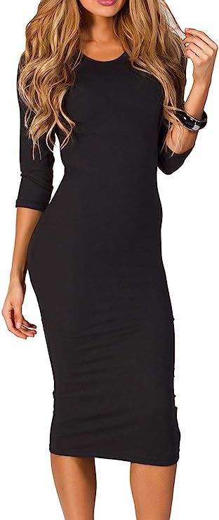 ICONOFLASH Women's 3/4 Sleeves Midi Bodycon Dress Crew Neck Fitted Dresses with Plus Size Options | Amazon (US)