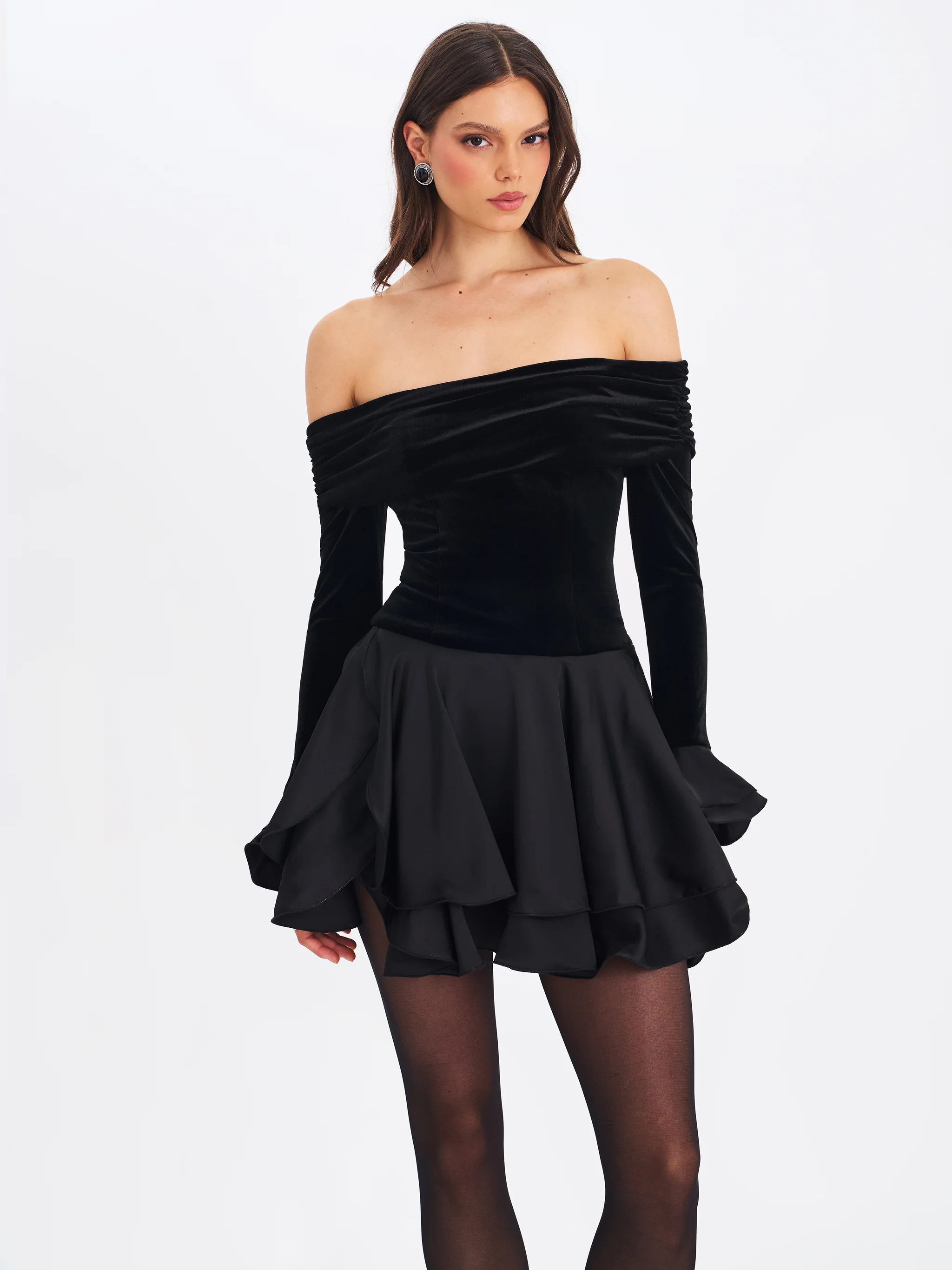 Magnolia Black Off-Shoulder Layered Satin Mini Dress | Miss Circle