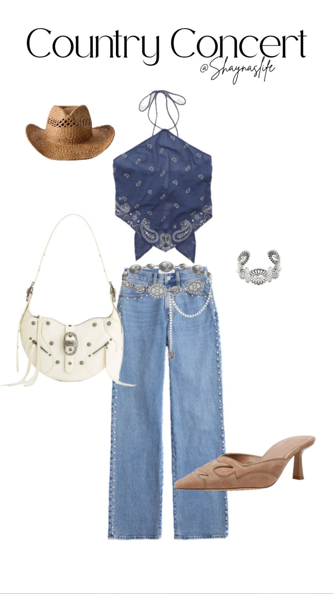 Country concert outfit idea 🤠 

#western #stagecoach #denim #amazon #abercrombie #bandana #mules 