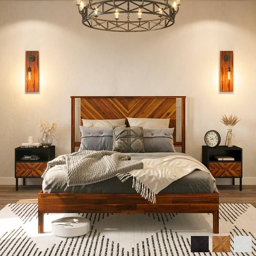 Bme Vivian 14 Inch Deluxe Bed Frame with Headboard - Rustic & Scandinavian Style with Solid Acaci... | Amazon (US)
