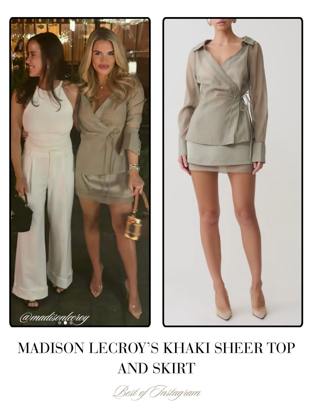 Madison LeCroy’s Khaki Sheer Top and Mini Skirt 📸 = @madisonlecroy