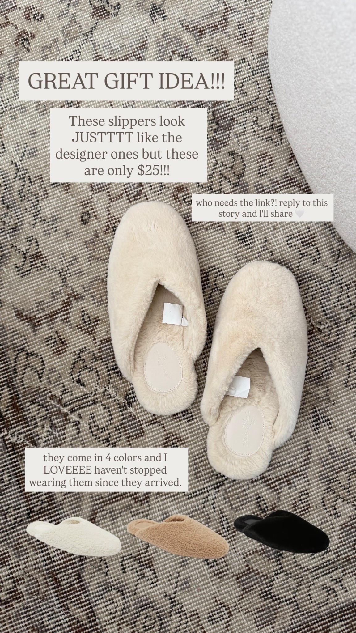 These slippers look JUSTTTT like the designer ones but these are only $25!!! GREAT GIFT IDEA!!! they come in 4 colors and I LOVEEEE haven't stopped wearing them since they arrived.  who needs the link?! reply to this story and I'll share 🤍

#LTKFindsUnder50 #LTKGiftGuide