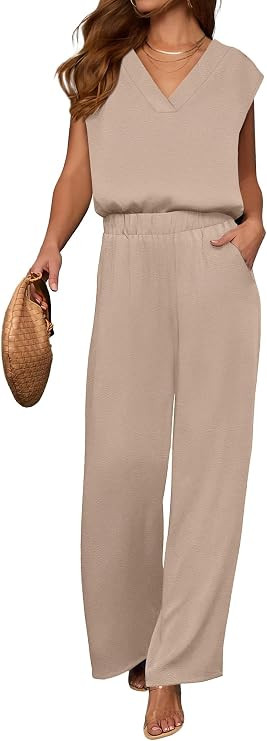 ANRABESS Women Summer 2 Piece Outfits, V-Neck Top and Wide Leg Pants Set, Comfy All-Day Wear for ... | Amazon (US)