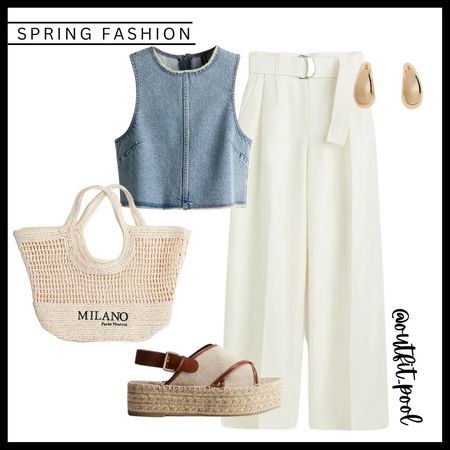 Denim top, white pants, summer sandals, summer outfits, white high waisted trousers, straw bag, bamboo bag, summer outfits 

#LTKstyletip #LTKworkwear