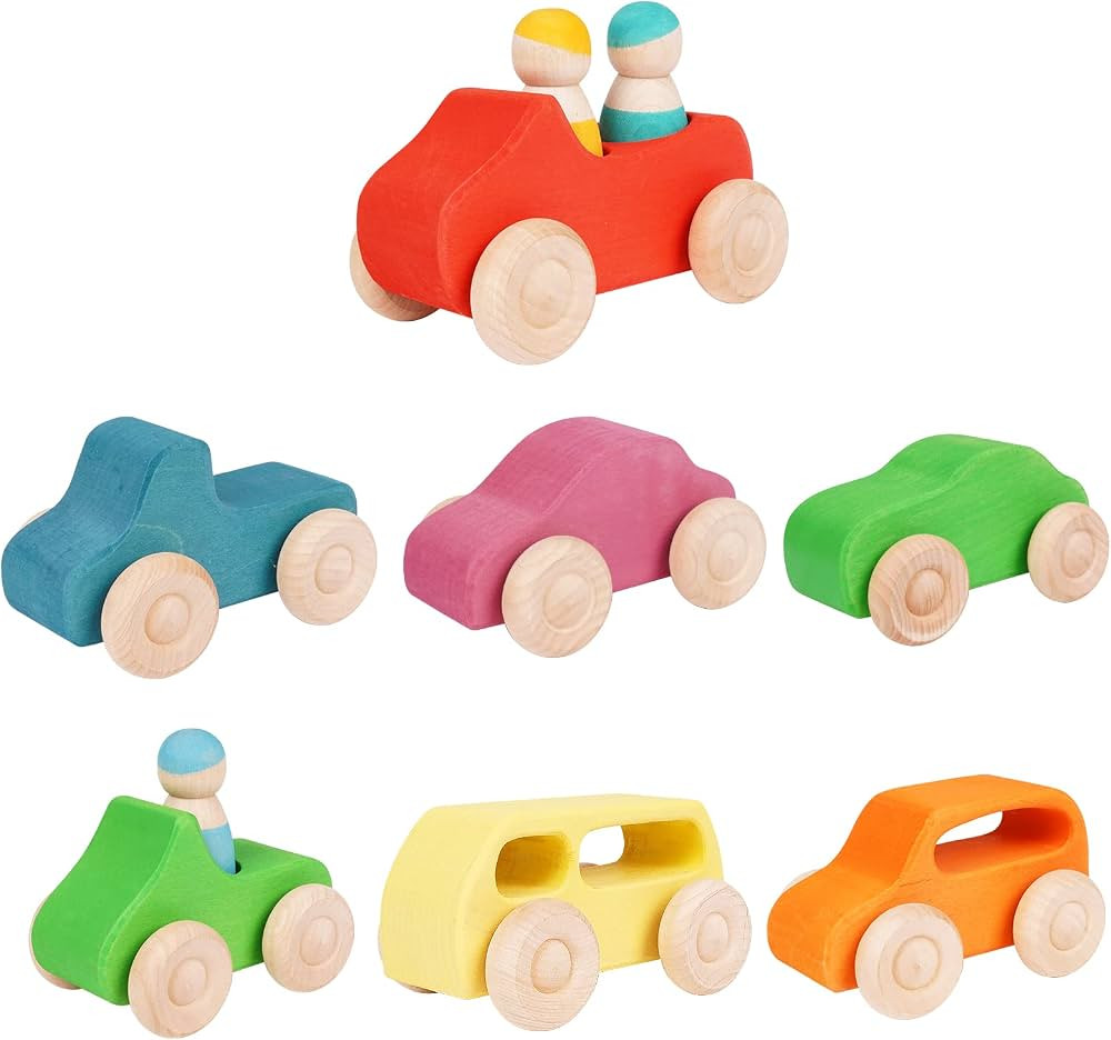 Montessori Wooden Car Toys - 7 Rainbow Wooden Vehicle Set Toy for Toddlers and Babies 3 Wooden Pe... | Amazon (US)