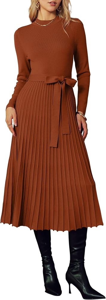 Arach&Cloz Women's Wool Blend Mock Neck Fall Business Pleated Sweater Dress | Amazon (US)
