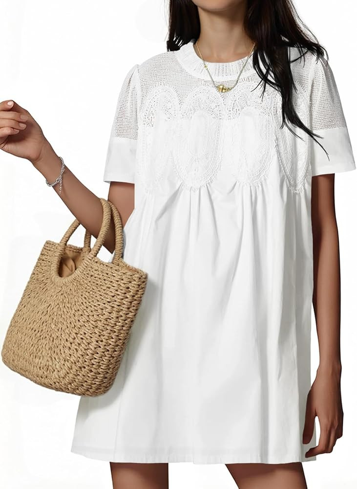 Wenrine Womens Lace Mini Dress Summer Short Sleeve Crewneck Sheer Mesh Casual Loose Ruffle Babydo... | Amazon (US)