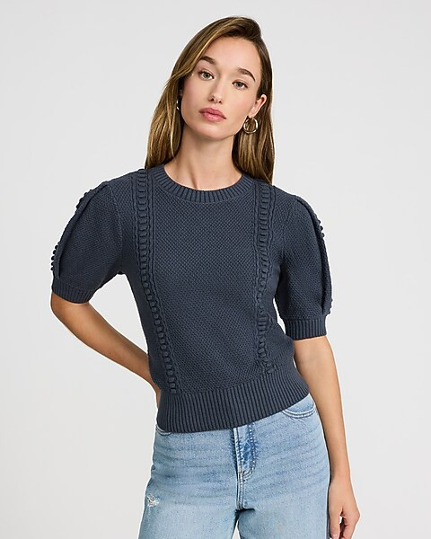 Cotton Textured Crew Neck Puff Sleeve Sweater | Express