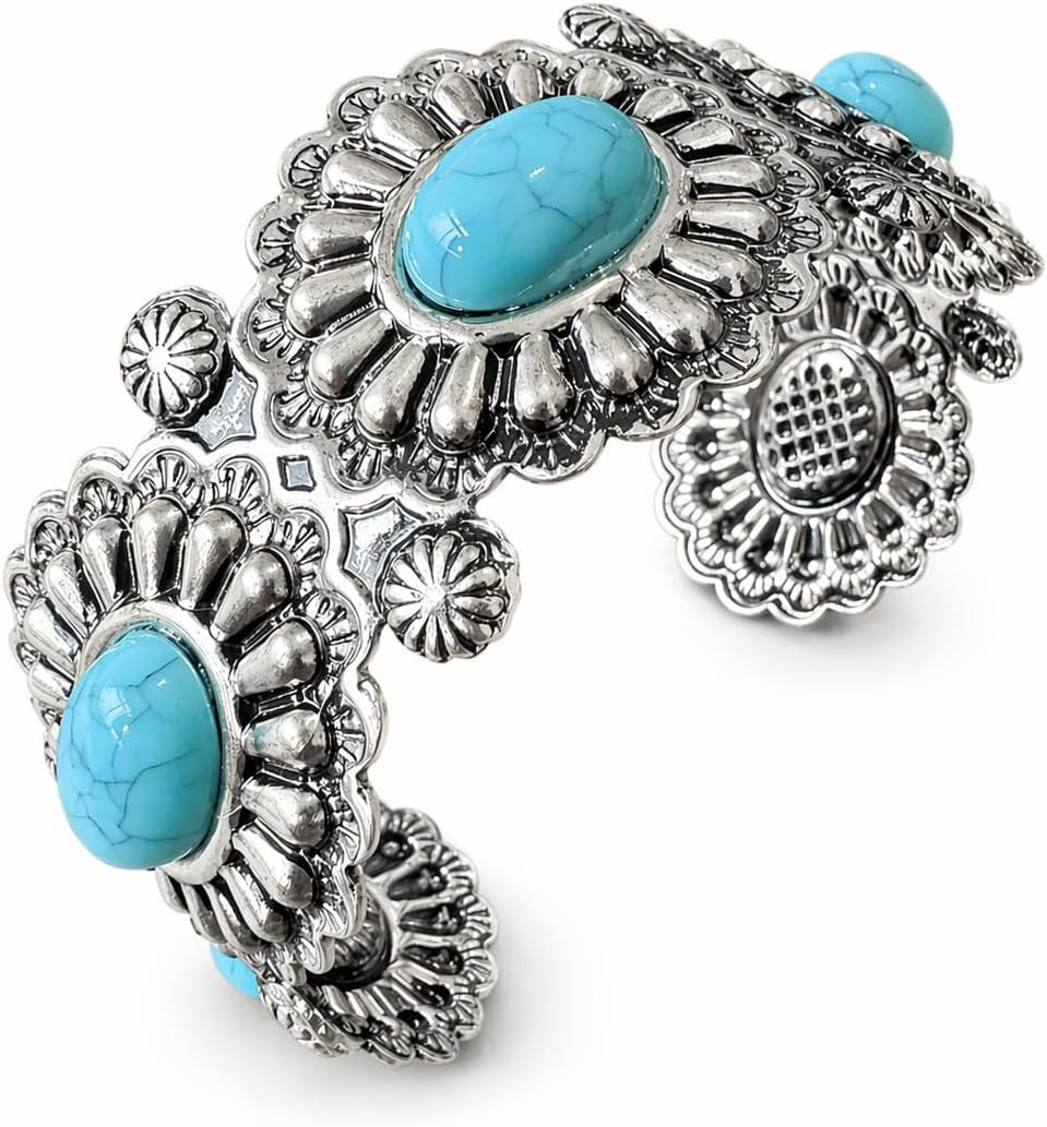 Western Cuff Bracelet for Women, Vintage Engraved Open Bangle with Turquoise Color Faux Stone Accent, Southwestern Cowgirl Country Jewelry Gift | Amazon (US)