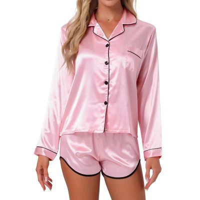 INSPIRE CHIC Women's Satin Long Sleeve Button Down Top and Shorts Silky Pajamas Set Pink Large | Target