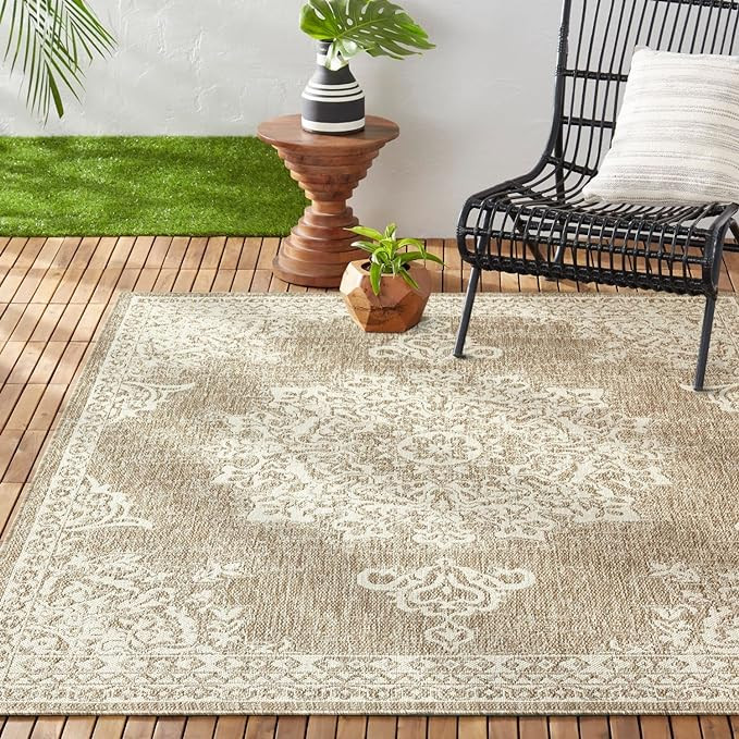 Nicole Miller New York Patio Country Azalea Transitional Medallion Indoor/Outdoor Area Rug, Taupe... | Amazon (US)