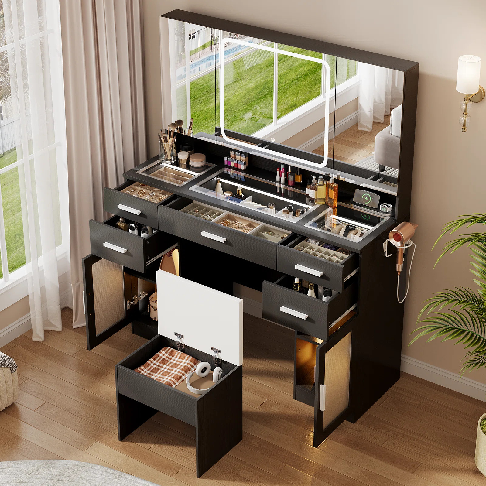 Makeup Vanity Desk With Led Mirror & Power Outlets, Glass Top & 5 Drawers, Dressing Table With 2 ... | Wayfair North America