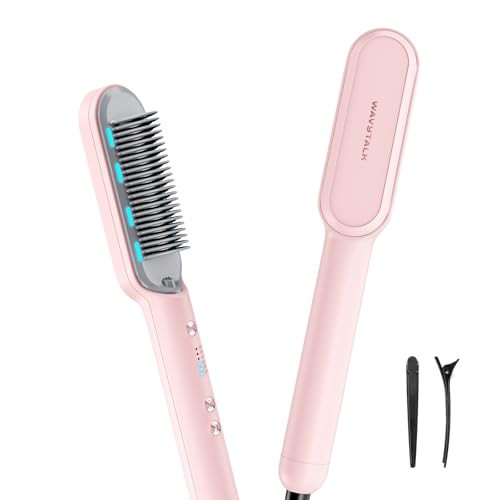 Wavytalk Hair Straightener Brush, Sleek Sweep Ionic Straightening Brush with 6 Temperature Adjust, Anti-Scald Ceramic Straightening Comb Fast Heating for Home Salon, Dual Voltage Pink. | Amazon (US)