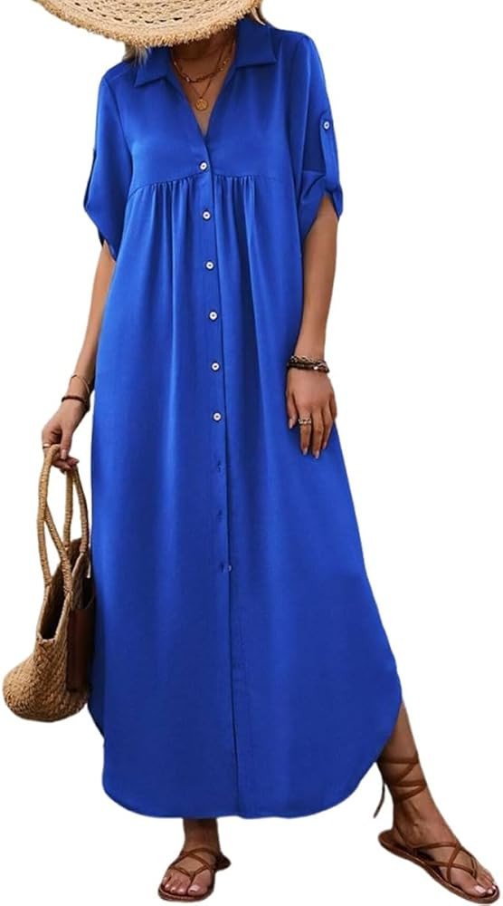 Womens Button Down Maxi Dress Summer Short Sleeve Beach Cover Up Dress | Amazon (US)