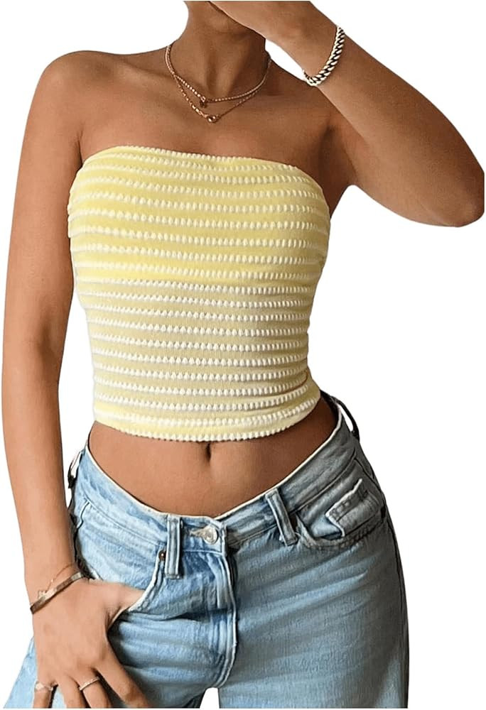 Floerns Women's Sleeveless Bandeau Top See Through Knitted Strapless Crop Tube Top | Amazon (US)