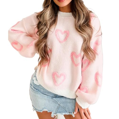 Chloefairy Fashion Women's Valentine's Day Sweater Long Sleeve Heart Graphic Oversized Sweater Fall Winter Pullovers Outwear (Light Pink, L) | Amazon (US)
