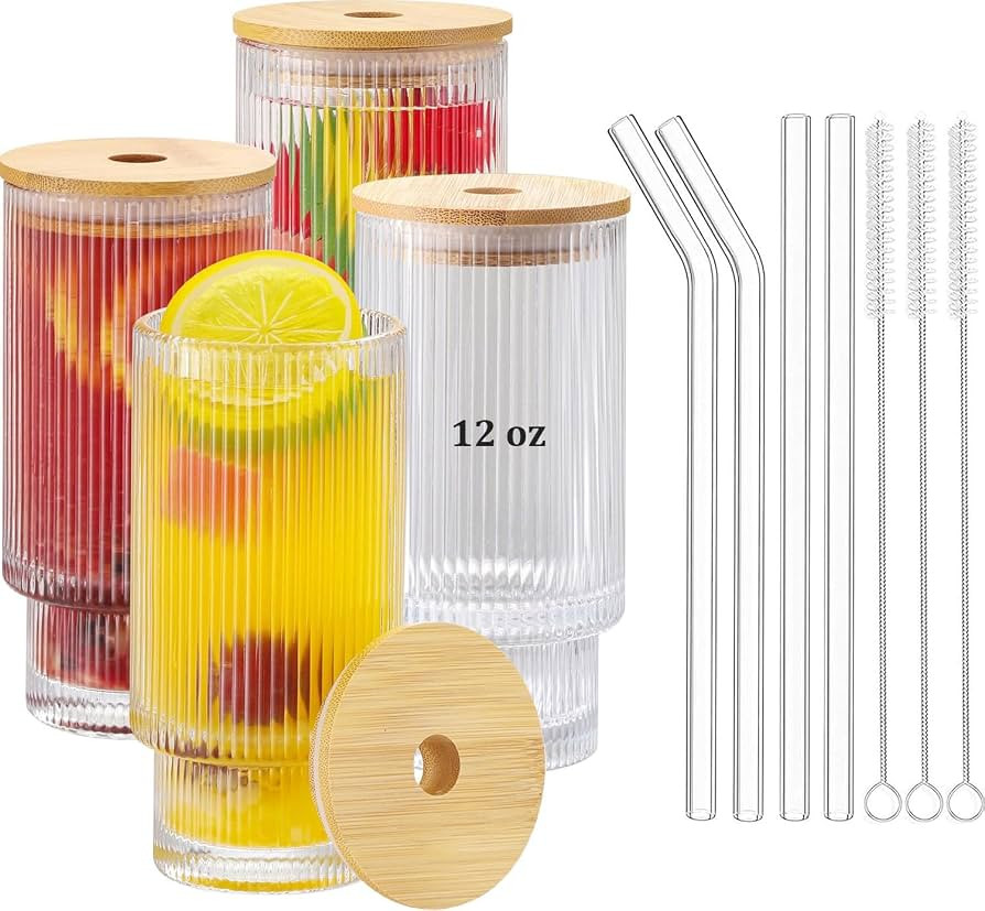 Ribbed Drinking Glasses with Bamboo Lids and Straws, Ribbed Glass Cups Set of 4 12oz, Vintage Flu... | Amazon (US)
