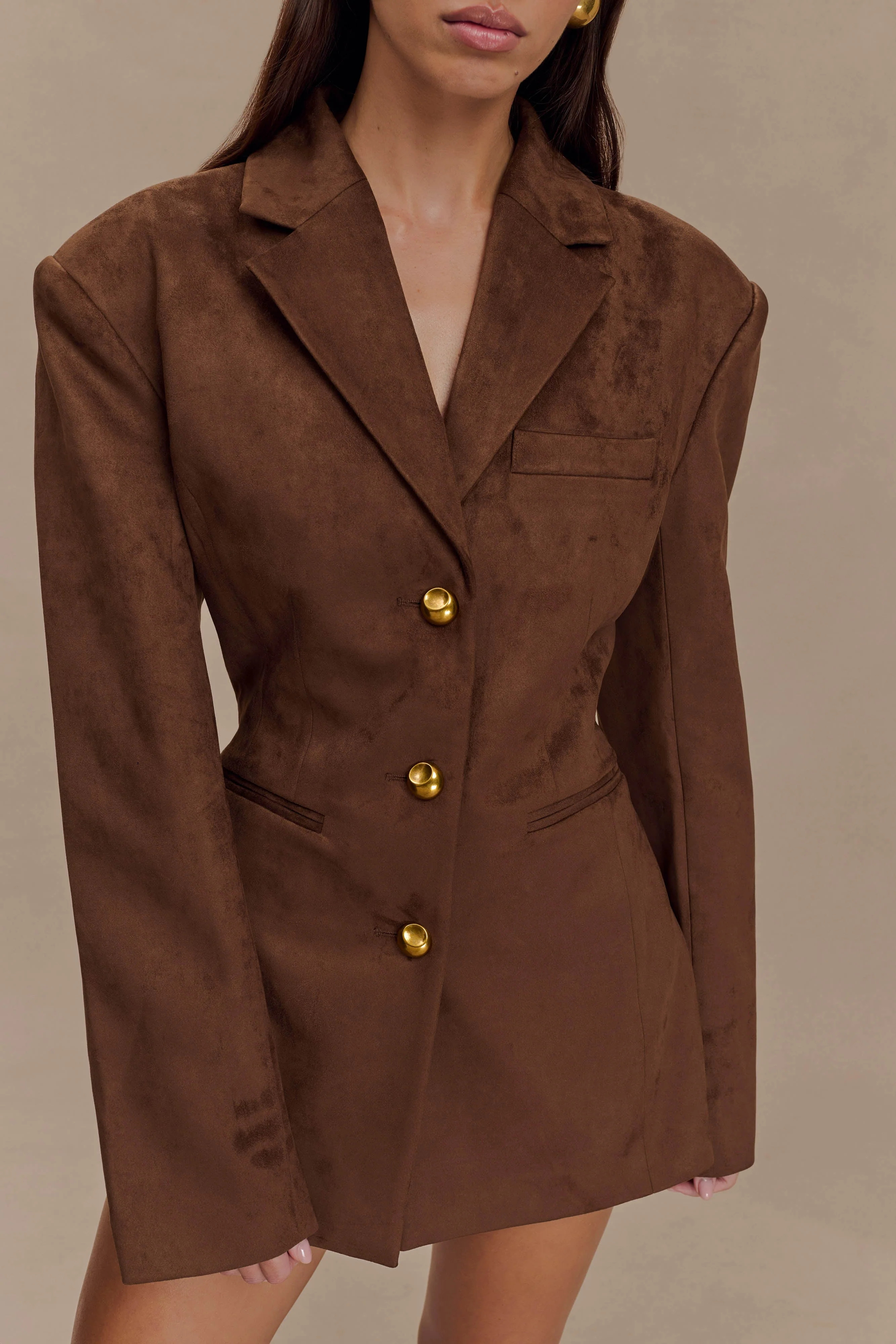 Faux Suede Cinched Blazer - Milk Chocolate | MESHKI US