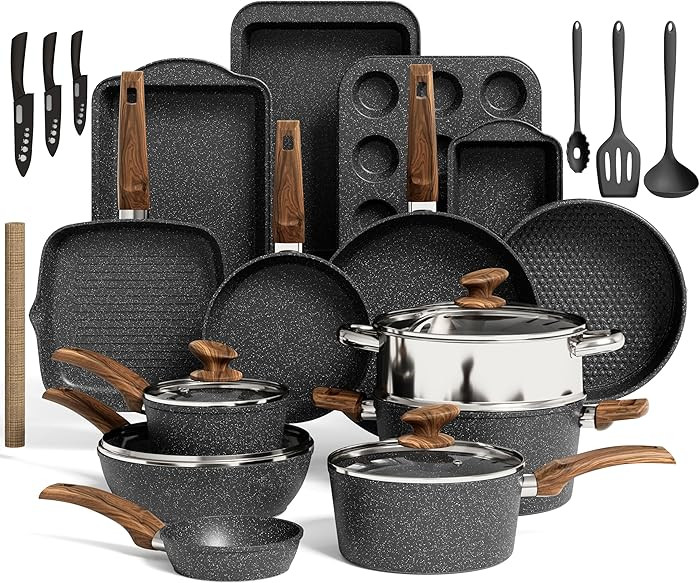 Kitchen Induction Cookware & Bakeware Set - 30 Piece Black Granite Cooking Pans Set, Non-Stick Po... | Amazon (US)