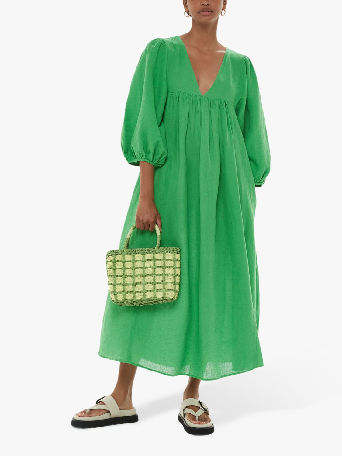 Whistles Gloria Linen Blend Midi Dress, Green | John Lewis (UK)