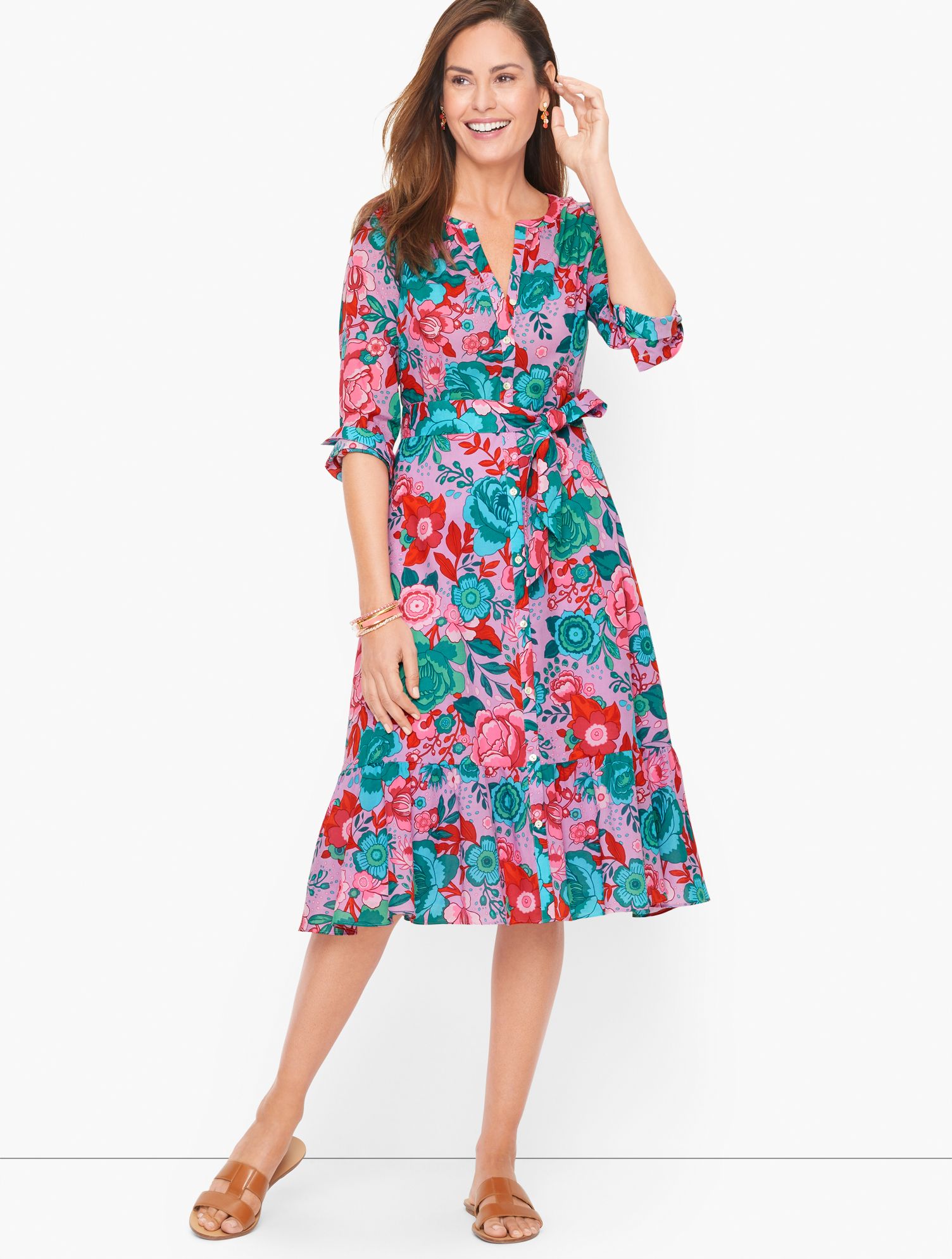 Belted Shirtdress - Sketched Blooms - Violet Tulle - 4 - 100% Cotton Talbots | Talbots