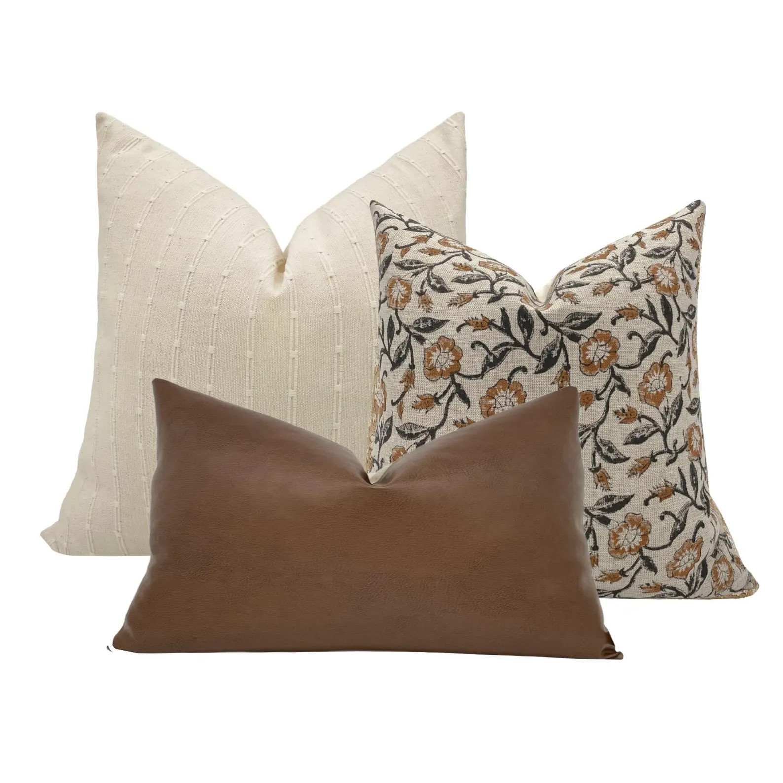 PILLOW COMBO Set of Three Designer Pillow Covers, Beige Striped Pillow, Rust Floral Linen Pillow,... | Etsy (US)