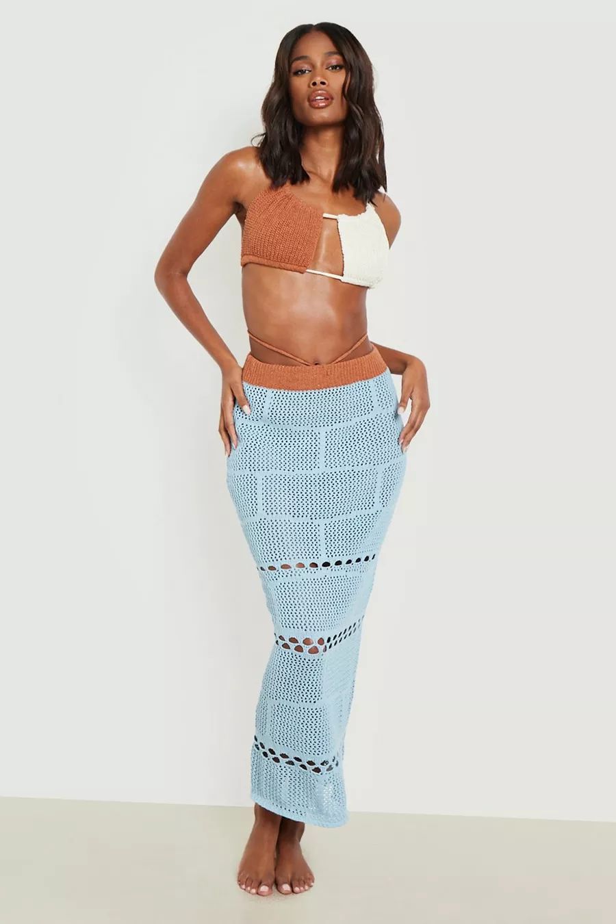 Colour Block Crochet Strap Maxi Beach Skirt | Boohoo.com (US & CA)