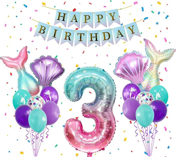 3rd Birthday Party Decorations for Girl, Mermaid Tail Shell Balloons Number 3 Foil Balloon 32 Inc... | Amazon (US)