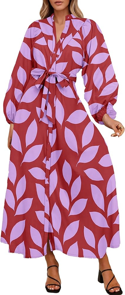 Lazysmile Maxi Dresses for Women 2025 Casual Long Sleeve Button Down Belted Boho Floral Shirt Dre... | Amazon (US)