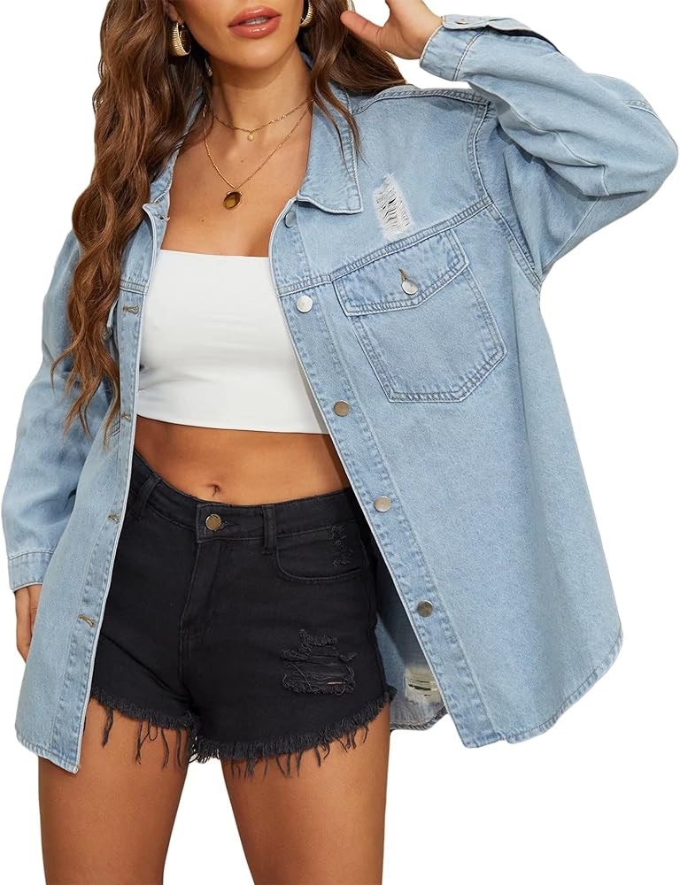 ESPFHN Women's Denim Jacket Casual Long Sleeve Boyfriend Mid Long Ripped Denim Trucker Classic Di... | Amazon (US)