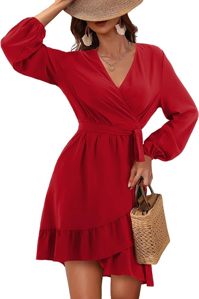 Amoretu Women Long Sleeve Dresses V Neck Wrap Dress Casual Ruffle Hem Dresses | Amazon (US)