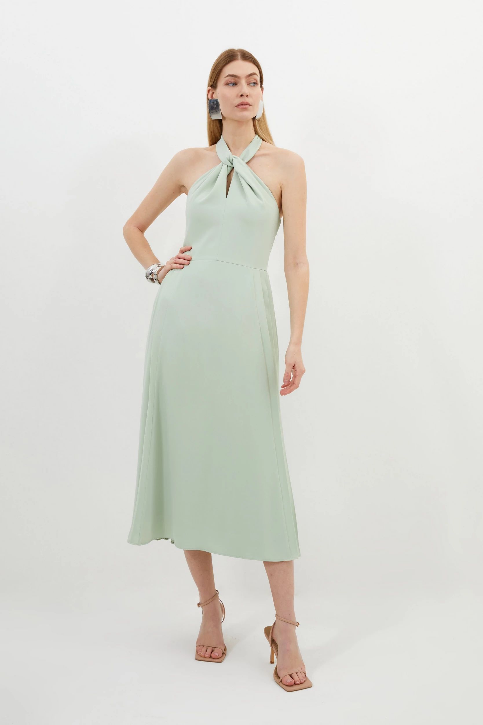 Soft Tailored Halter Tie Neck Pleat Detail Midi Dress | Karen Millen UK + IE + DE + NL