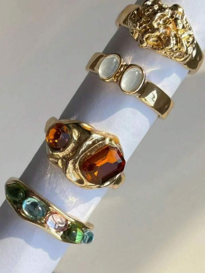 4pcs/Set Vintage Fashion Colorful Resin Women Rings | SHEIN