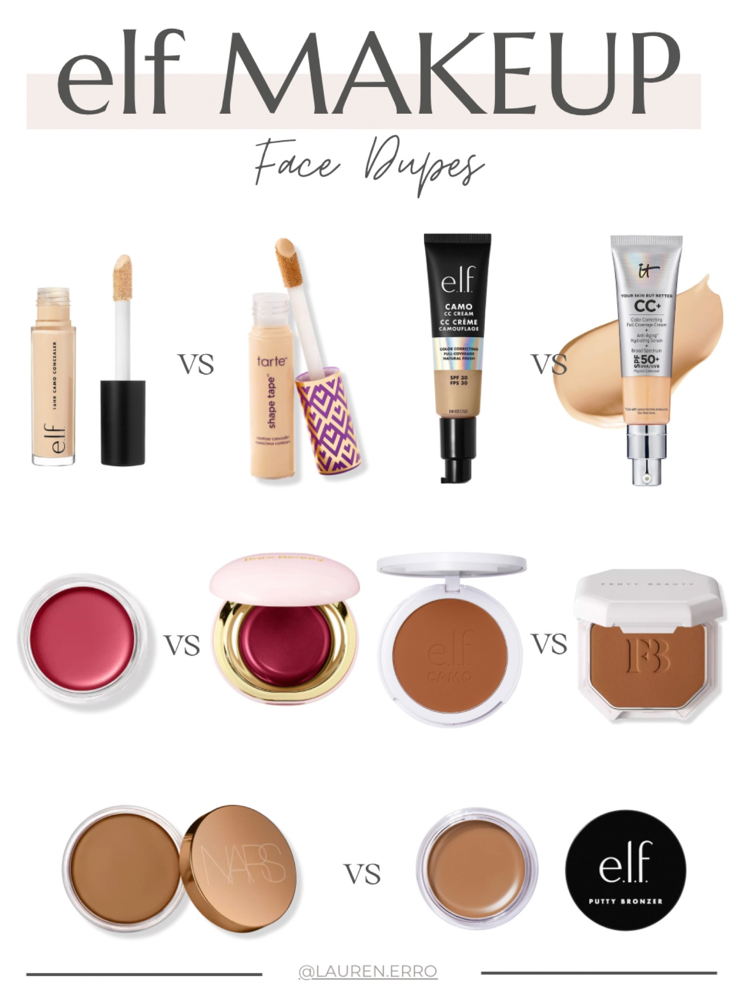 Elf face makeup dupes!
.
.
.
It cosmetics cc+ cream dupe, elf camo dupe, tarte shape tape dupe, rare beauty blush dupe, fenty foundation dupe, nars laguna dupe

#LTKfindsunder50 #LTKstyletip #LTKbeauty