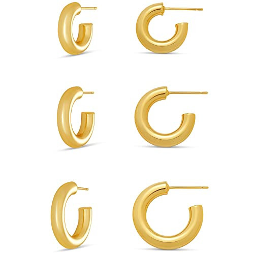Amazon Essentials Thick Tube Hoop Earrings Set, 14K Gold Plated, Yellow Gold | Amazon (US)