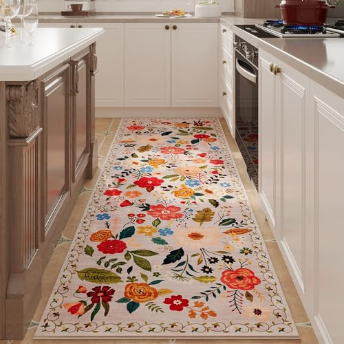 Rugcomf Runner Rug for Hallways Kitchen Runner Rug Non Slip 2'6''x8' Washable Runner Rugs with Rubber Backing Soft Floral Carpet Runner for Hallways, Kitchen, Laundry, Bedroom, Bathroom(Beige) | Amazon (US)