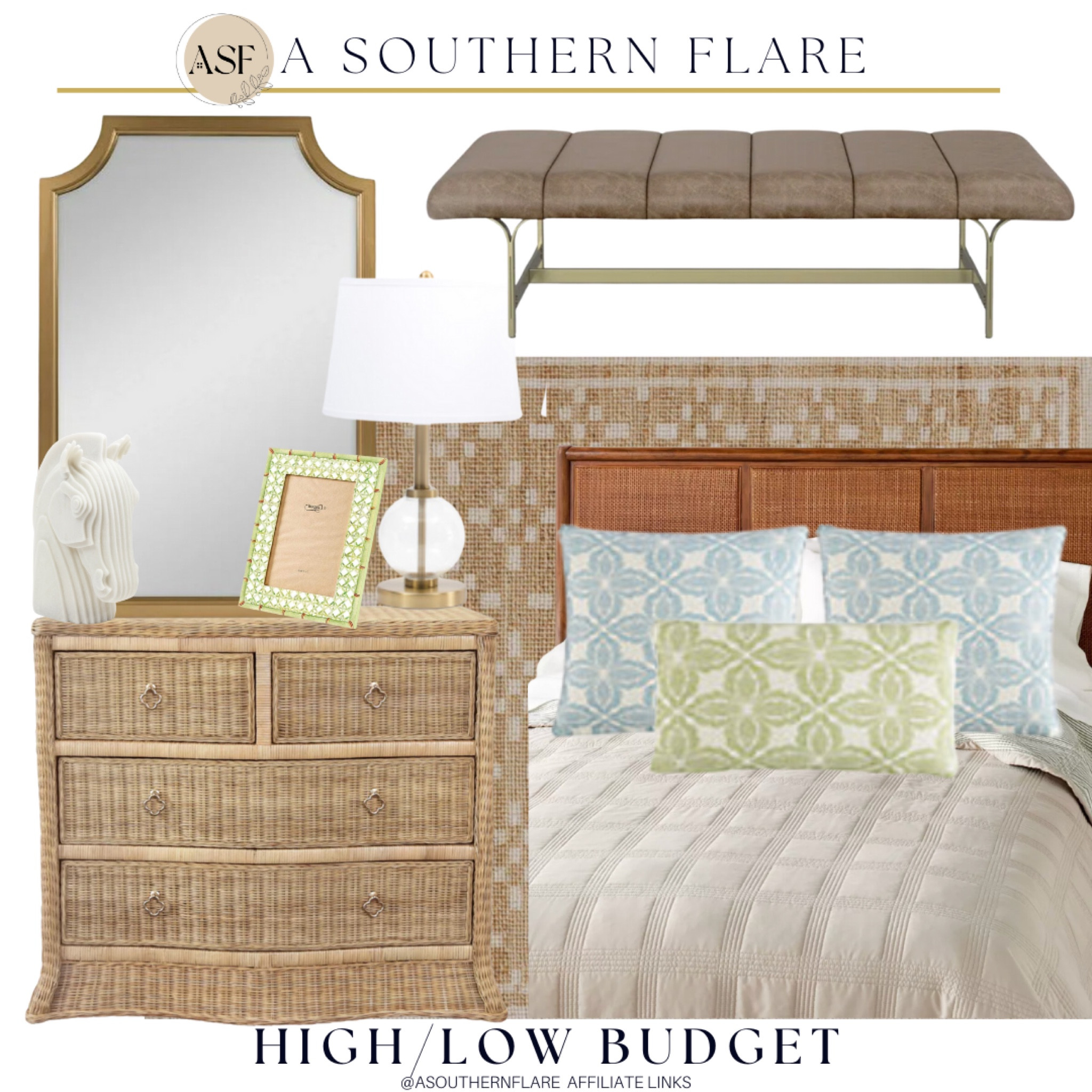 Neutral bedroom, high low home decor, rattan, jute rug, amazon finds, amazon home, Ballard designs, blue and green decor, target bedding 

#LTKHome