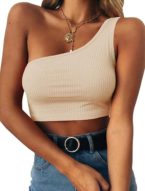 PRETTODAY Women's Sleeveless Crop Tops Sexy One Shoulder Strappy Tees | Amazon (US)