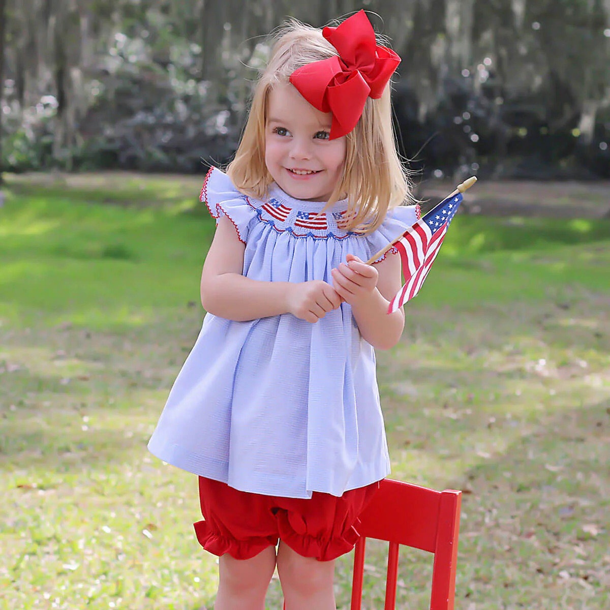 Light Blue Gingham Flag Smocked Bloomer Set | Classic Whimsy
