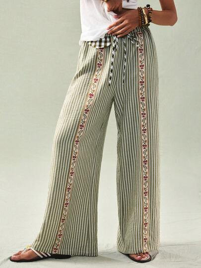 SoleilVie Women's New Drawstring Side Floral Embroidery Plaid Patchwork Wide Leg Pants Bohemian P... | SHEIN