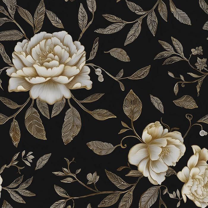 Floral Wallpaper Peel and Stick, Black/Golden/White Peony Flowers Contact Paper, Botanical Wall P... | Amazon (US)