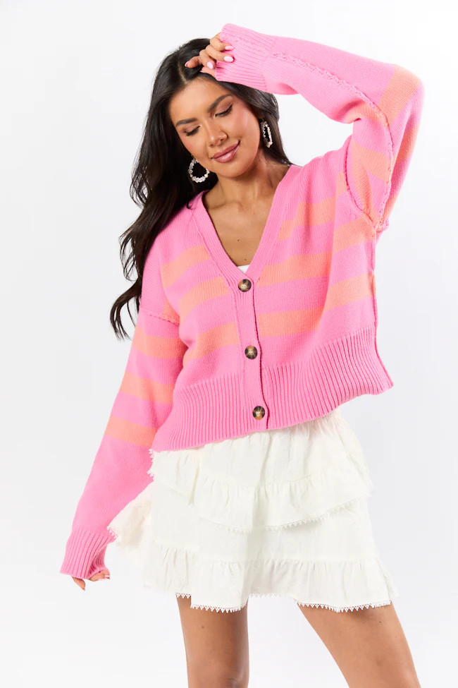 Beyond The City Coral and Pink Striped Cardigan SALE | Pink Lily