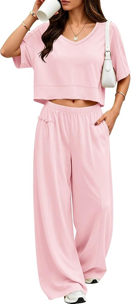 ReachMe Women's 2 Piece Lounge Set V Neck Crop Top Wide Leg Pants | Amazon (US)