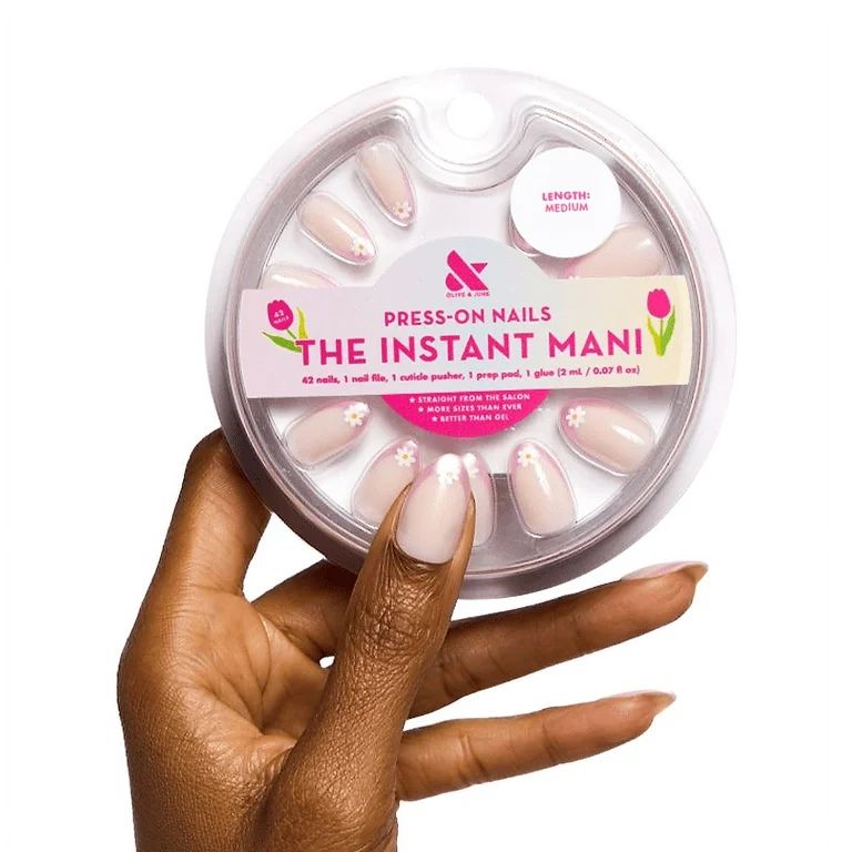 Olive & June Instant Mani Medium Oval Press-On Nails, Pink, Shimmer Flower French, 42 Pieces | Walmart (US)