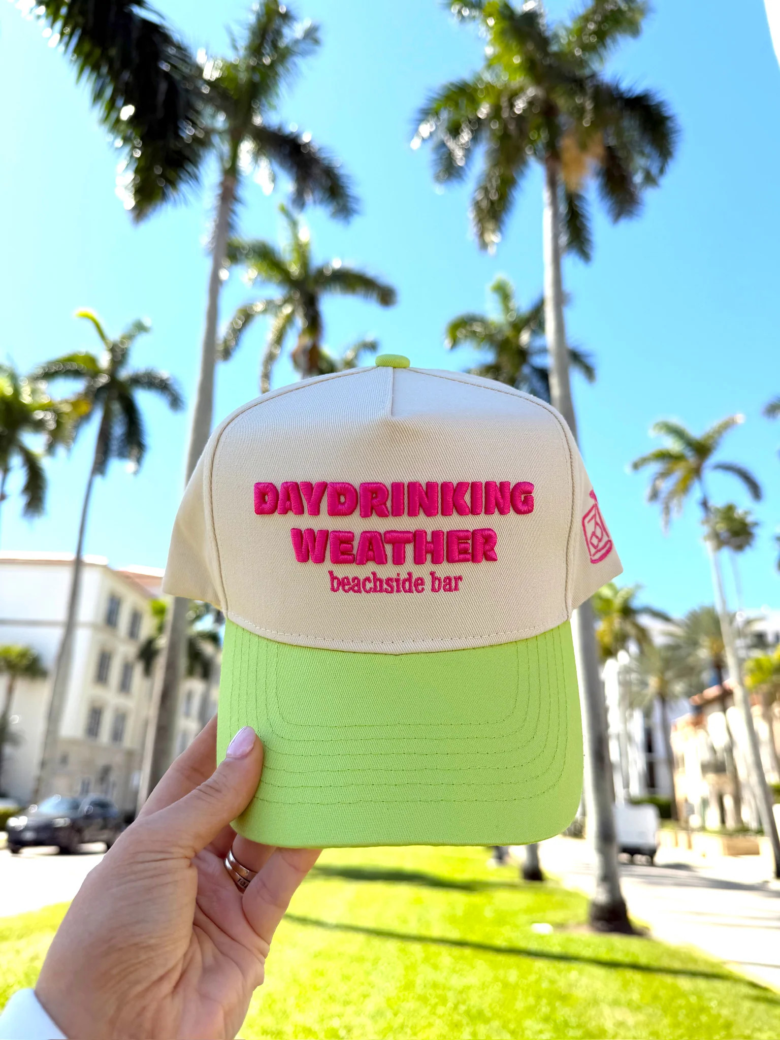 Day Drinking Weather - Lime Green Trucker Hat | KenzKustomz