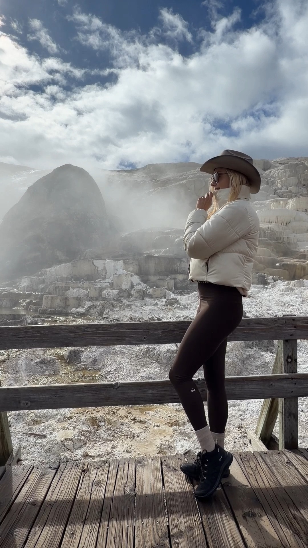 Yellowstone National Park: wearing favorite Alo Yoga brown leggings, cropped beige jacket, hiking boots and cowboy hat from BootBarn! 

Yellowstone outfits, national park vacation, hiking outfit, fall outfit, fall hiking, winter activewear outfit, cold weather style, activewear outfit, athleisure, 

#LTKTravel #LTKStyleTip #LTKSeasonal