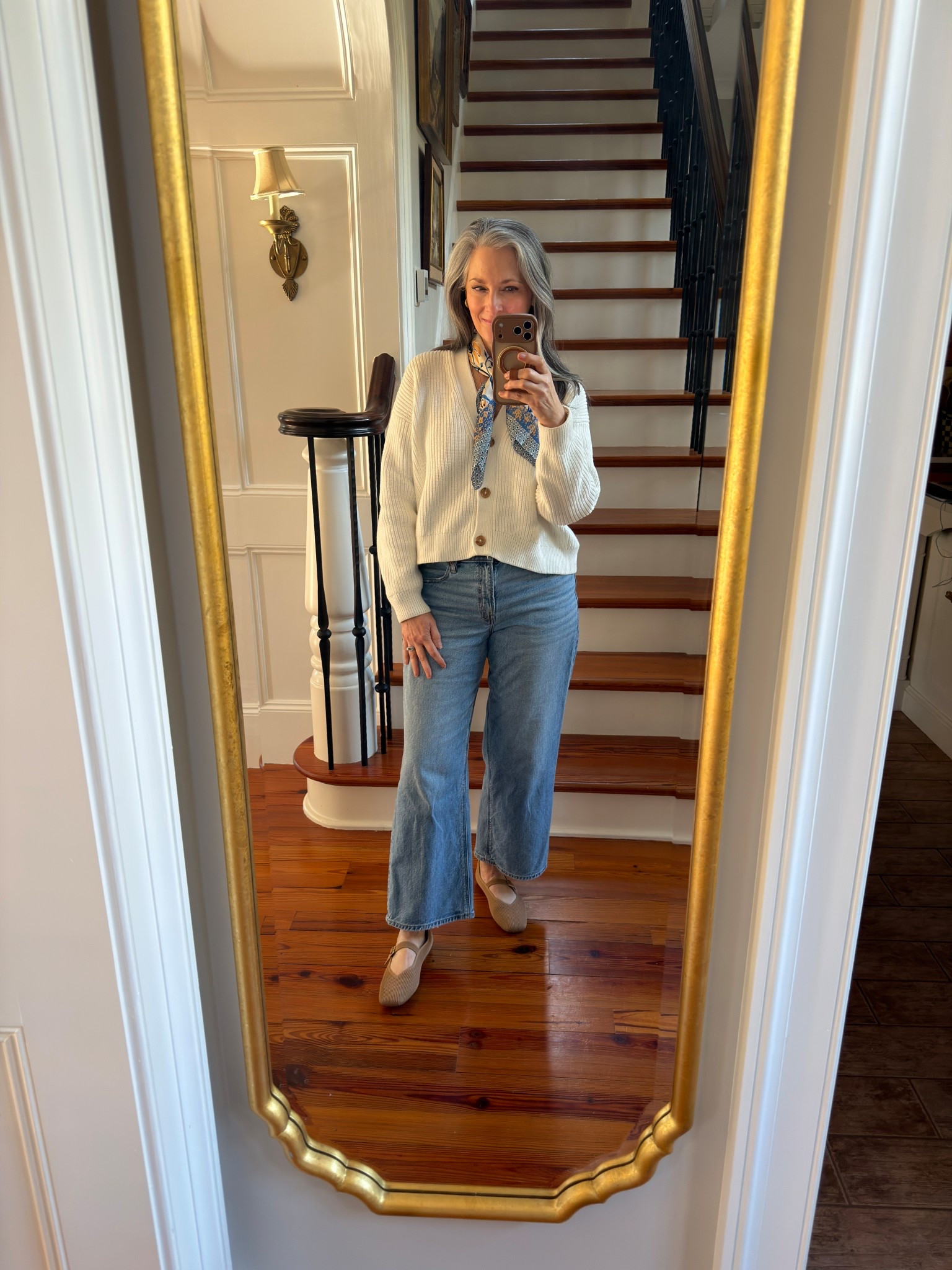 Quince white cotton cardigan on repeat for spring! Amazon Scarf, Vivaia Mary Jane flats in 1/2 size larger. 

