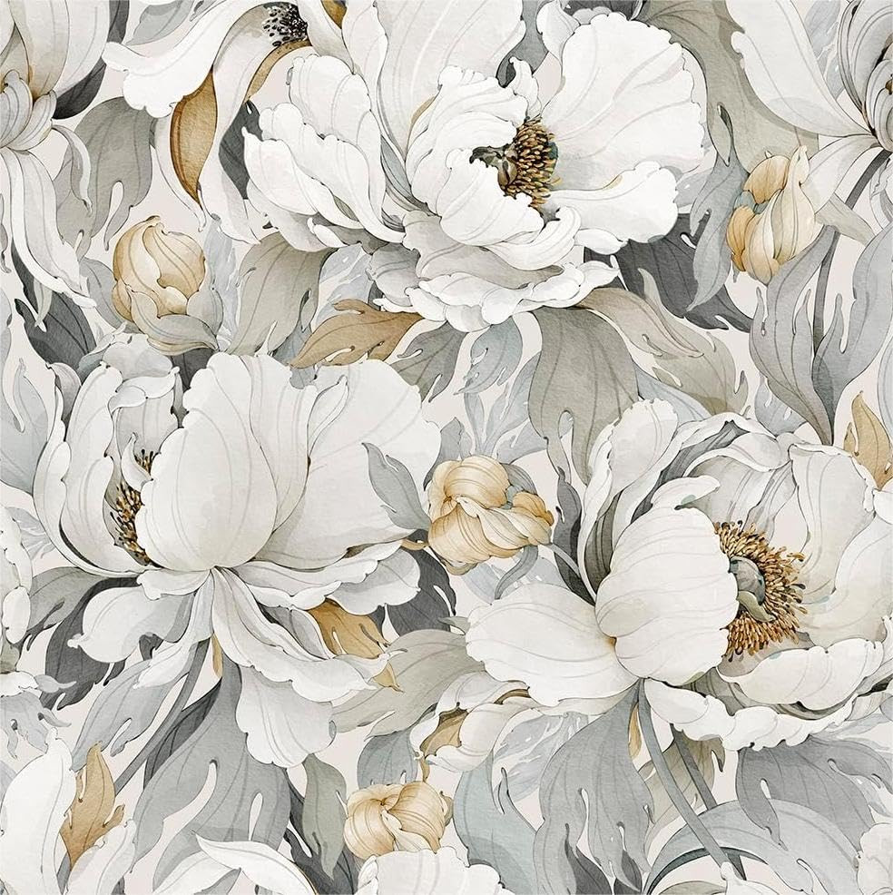 White Poppies Floral Modern Grey Peonies Flowers Peel and Stick Wallpaper Self Adhesive Removable... | Amazon (US)