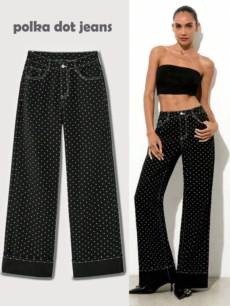 Maija Women's Polka Dot Jeans Black Low Waist Straight Pants Autumn Casual Wear | SHEIN